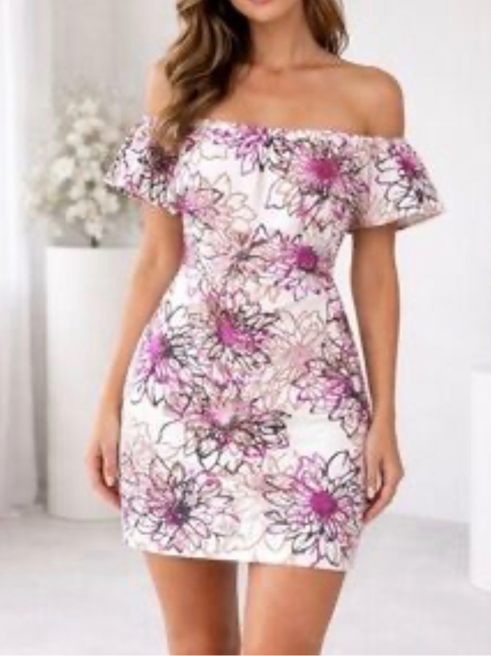 Badgley Mischka White off-the -Shoulder Floral Mini Dress with Pink Accents